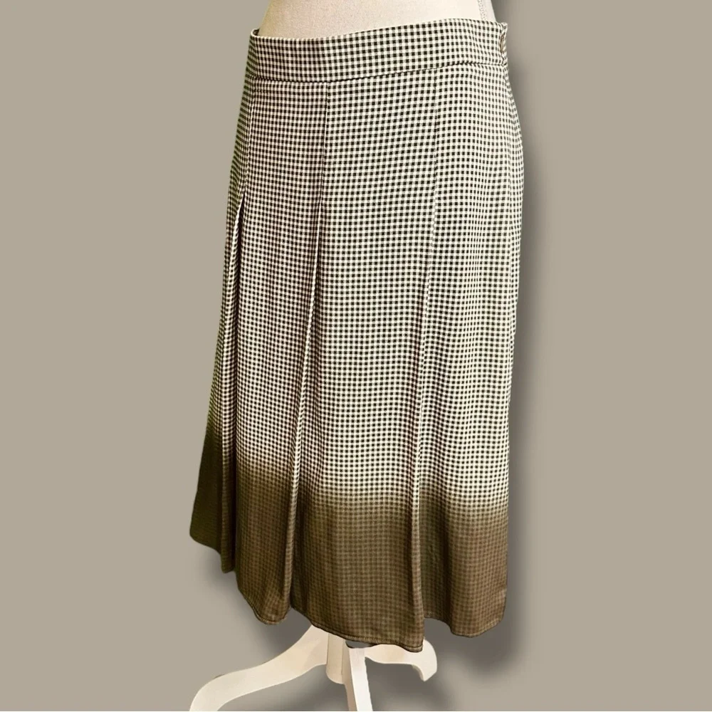 NWT Piazza Sempione Olive Green Checkered Plaid Dip-Dyed Pleated Skirt Size 44